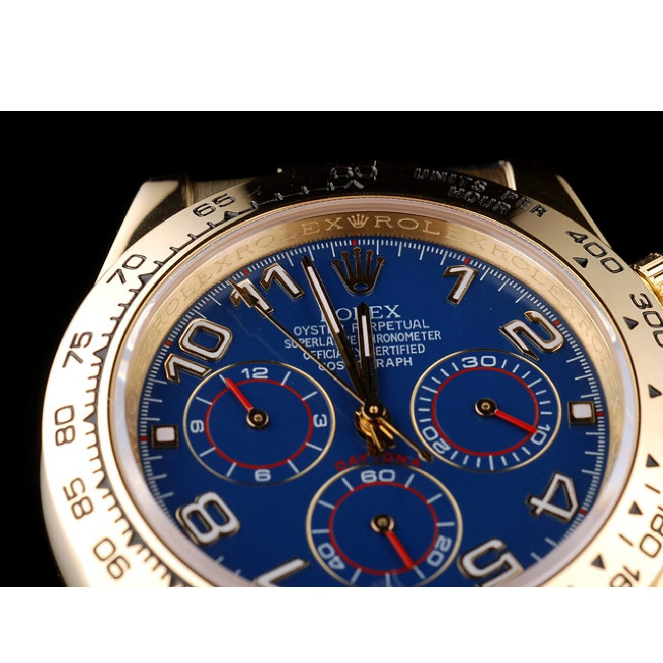 Aaa replica watch Gold Rolex Case Daytona Dial Leather Black Strap Blue 0701